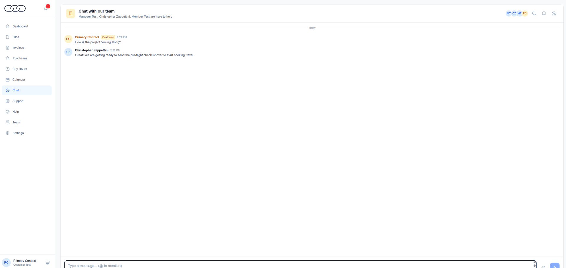 CritLink team chat showing real-time project communication between customer and ZC team