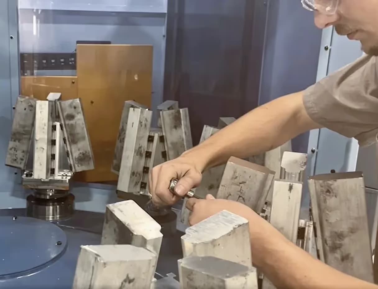 Worker handling metal blocks in a machining setup.