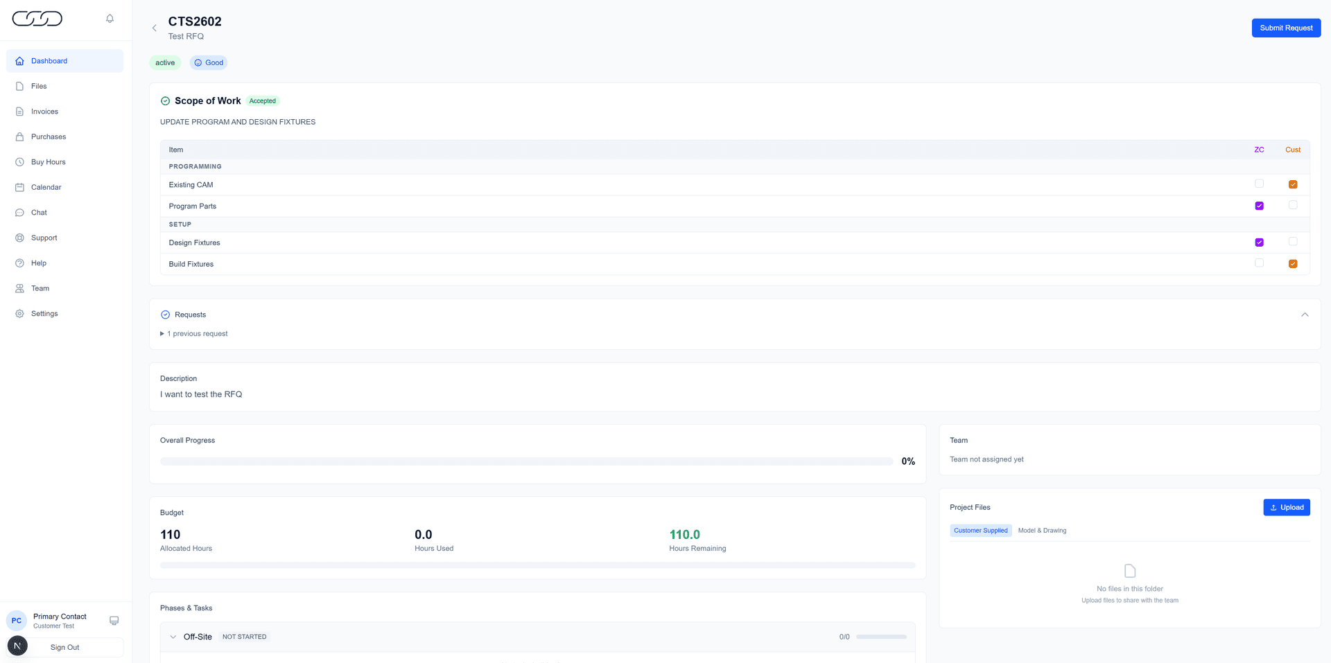 CritLink project detail showing scope of work, progress tracking, and budget overview